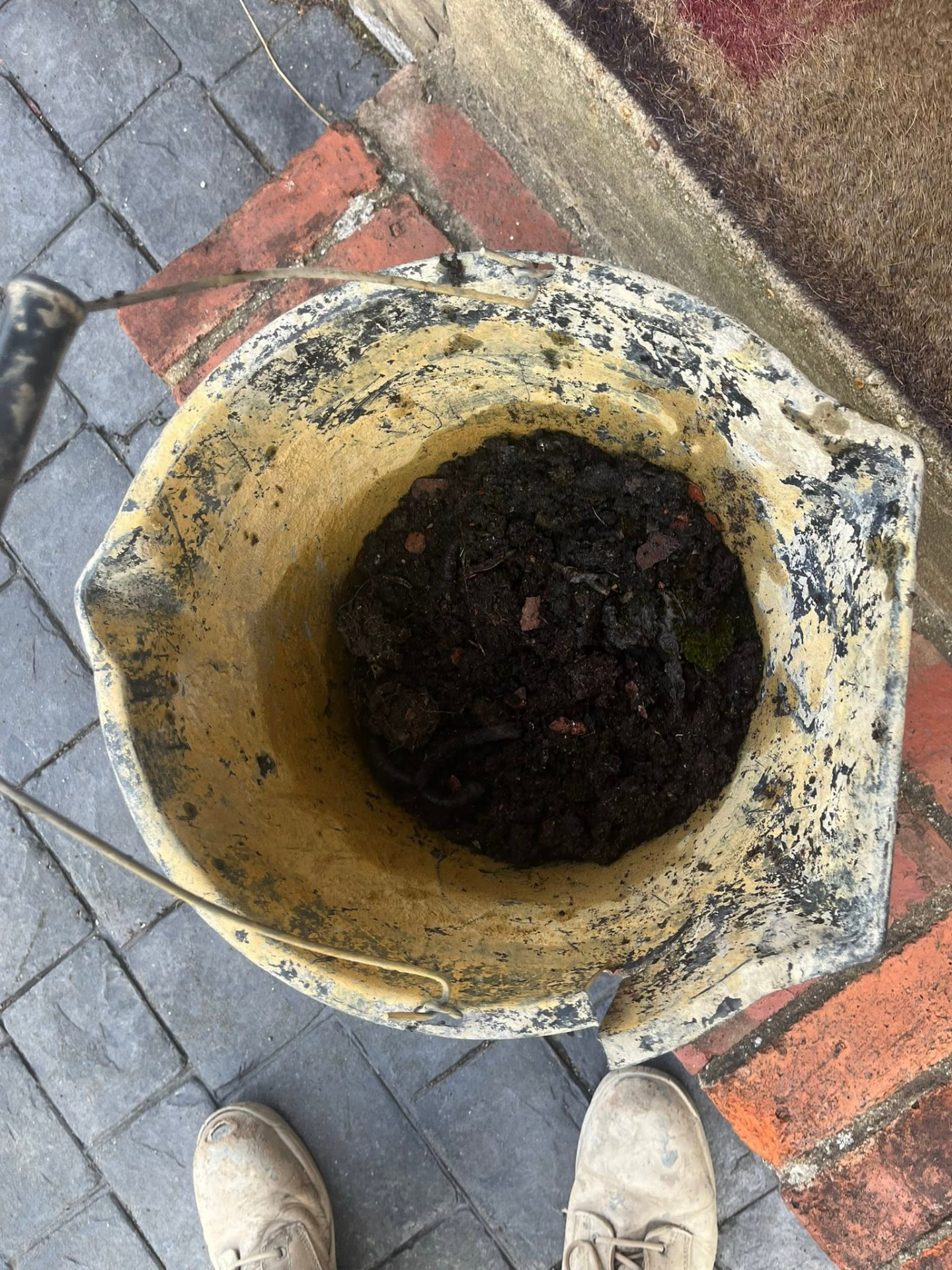 Bucket of heavy moss and debris cleared out of the blocked gutter