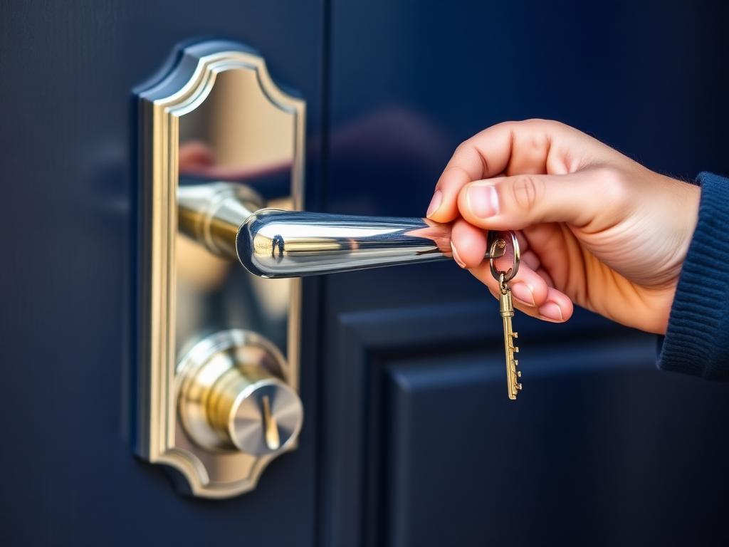 Polished chrome door handle and lock with a key on a navy front door