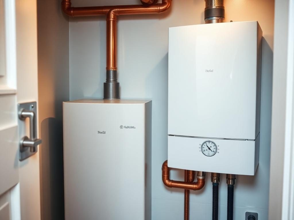 Modern white gas boiler with copper pipework and pressure gauge in a utility cupboard