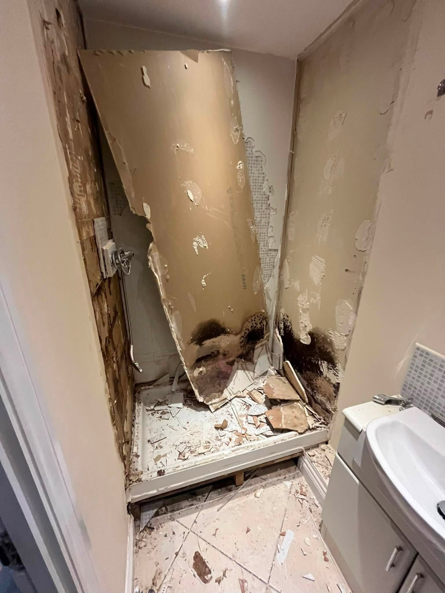 Shower area stripped out revealing damp and mould behind the old plasterboard