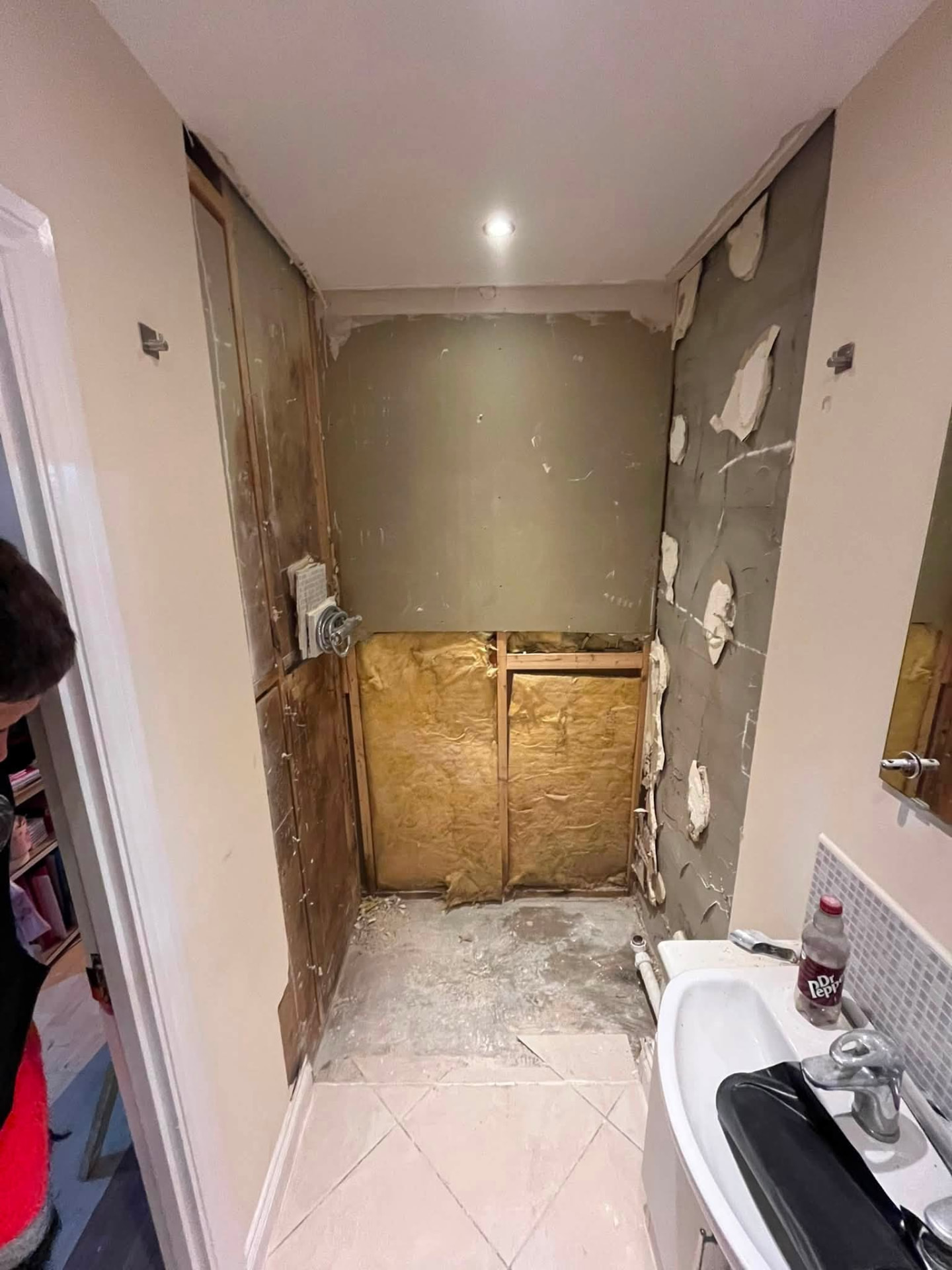 Shower area fully stripped back to insulation and studwork ready for rebuild