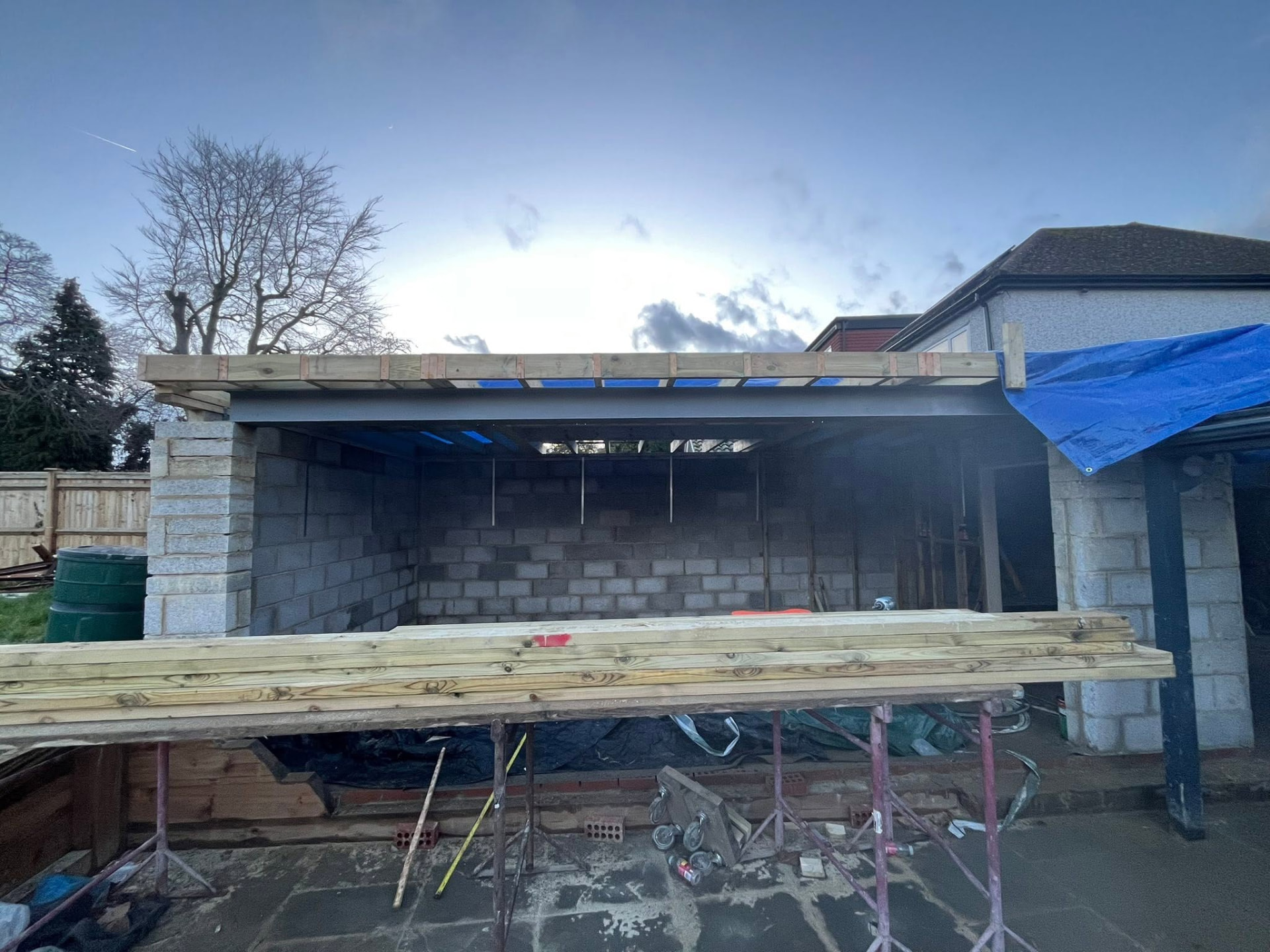 External view of the new build with roof timbers and edge plate fitted