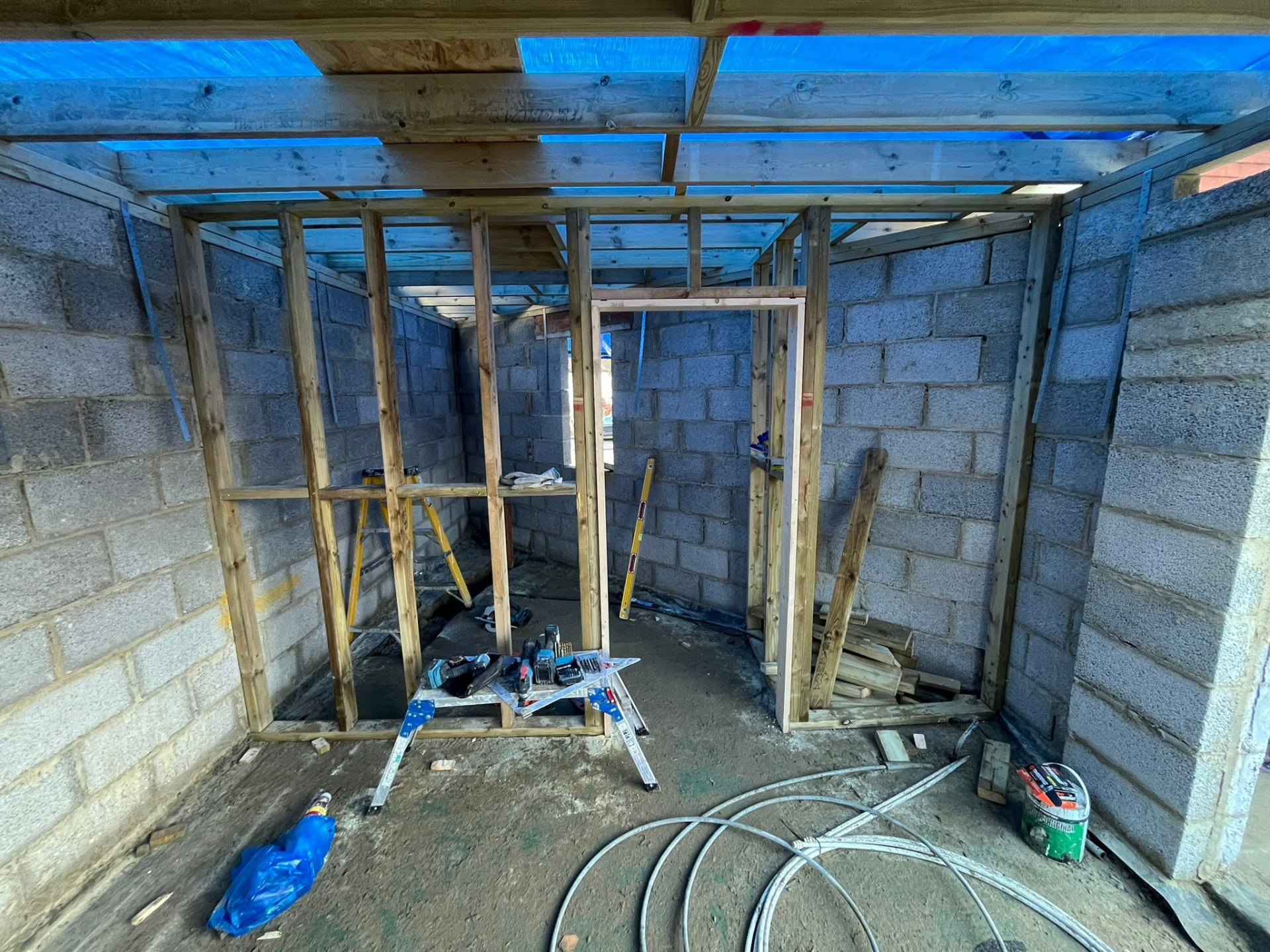 Internal stud partitions and door opening framed out