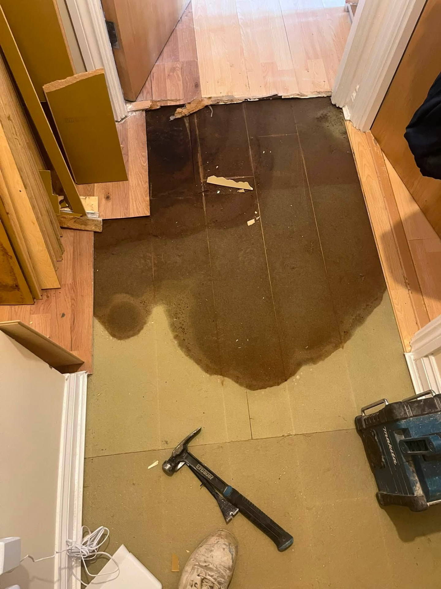 Water damaged underlay exposed beneath the lifted laminate flooring