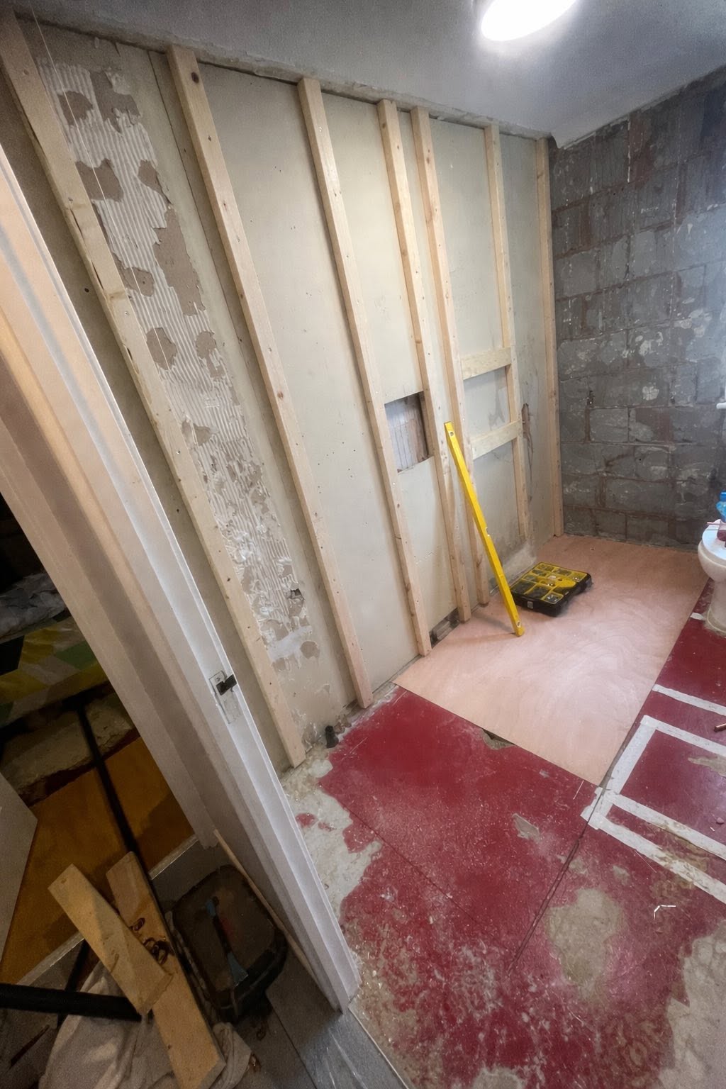 New timber stud wall framing and plywood flooring in progress