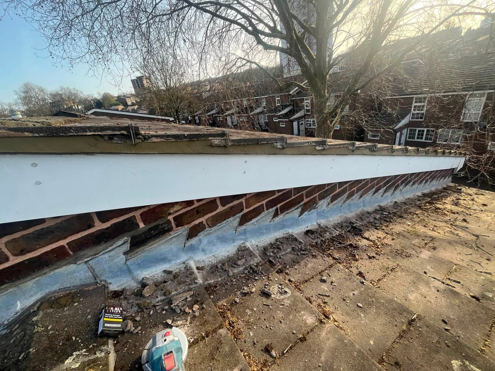 Roof edge and lead flashing detail inspected along the parapet