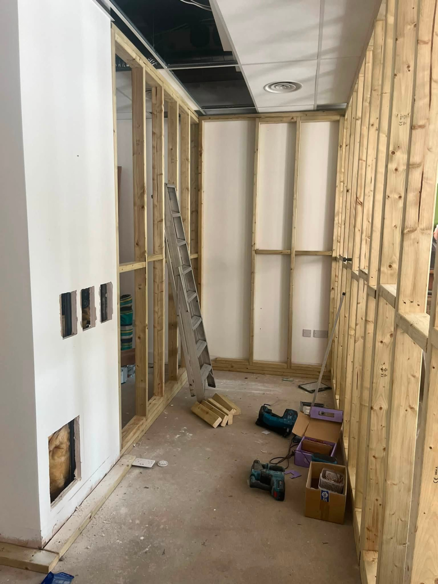 Corridor framing with plasterboard fixed to one side