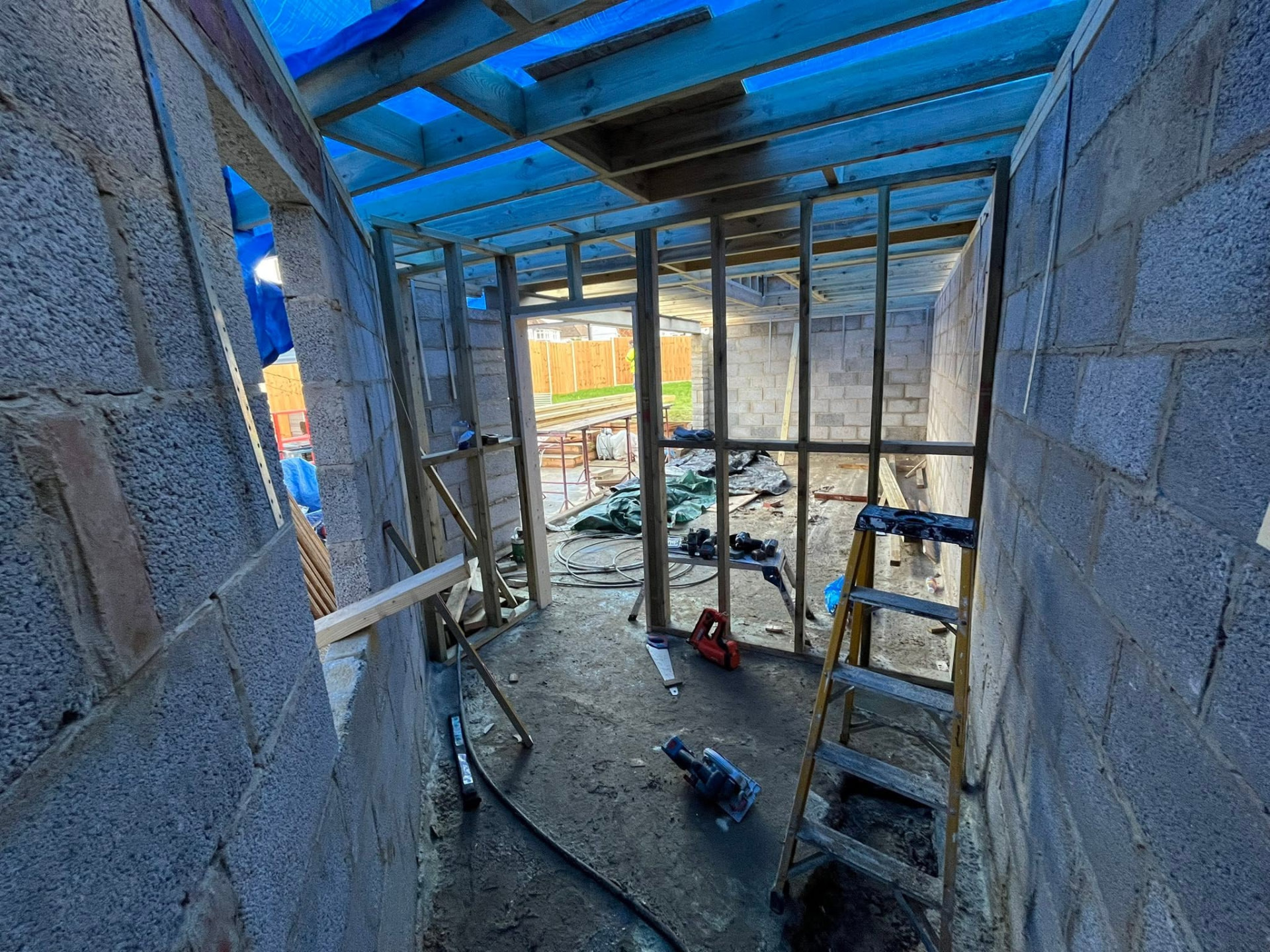 Framed internal rooms and openings within the new build