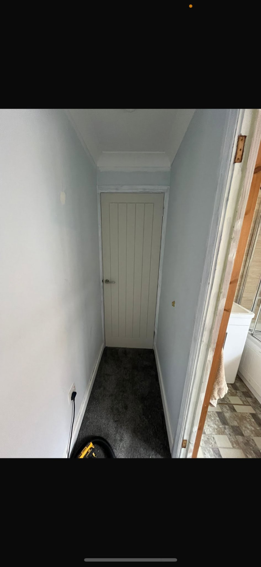 Newly hung white cottage-style door at the end of the hallway