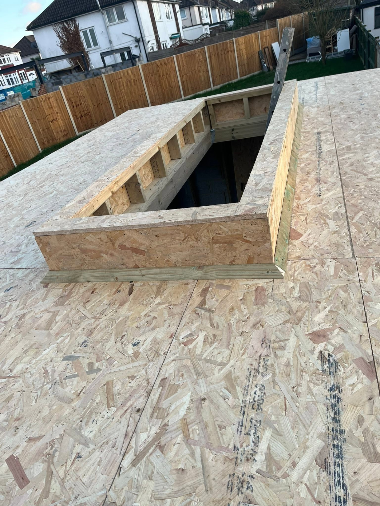 Completed roof boarding with the 3m x 1m roof lantern aperture framed out