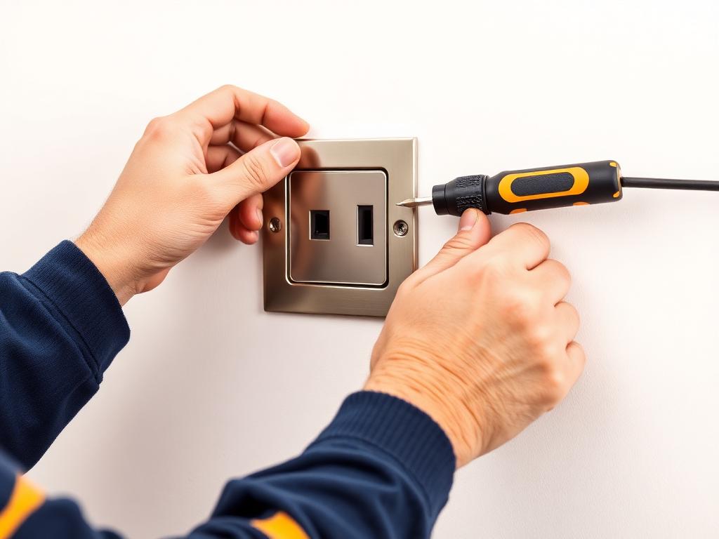 Electrician installing a brushed steel socket on a clean white wall