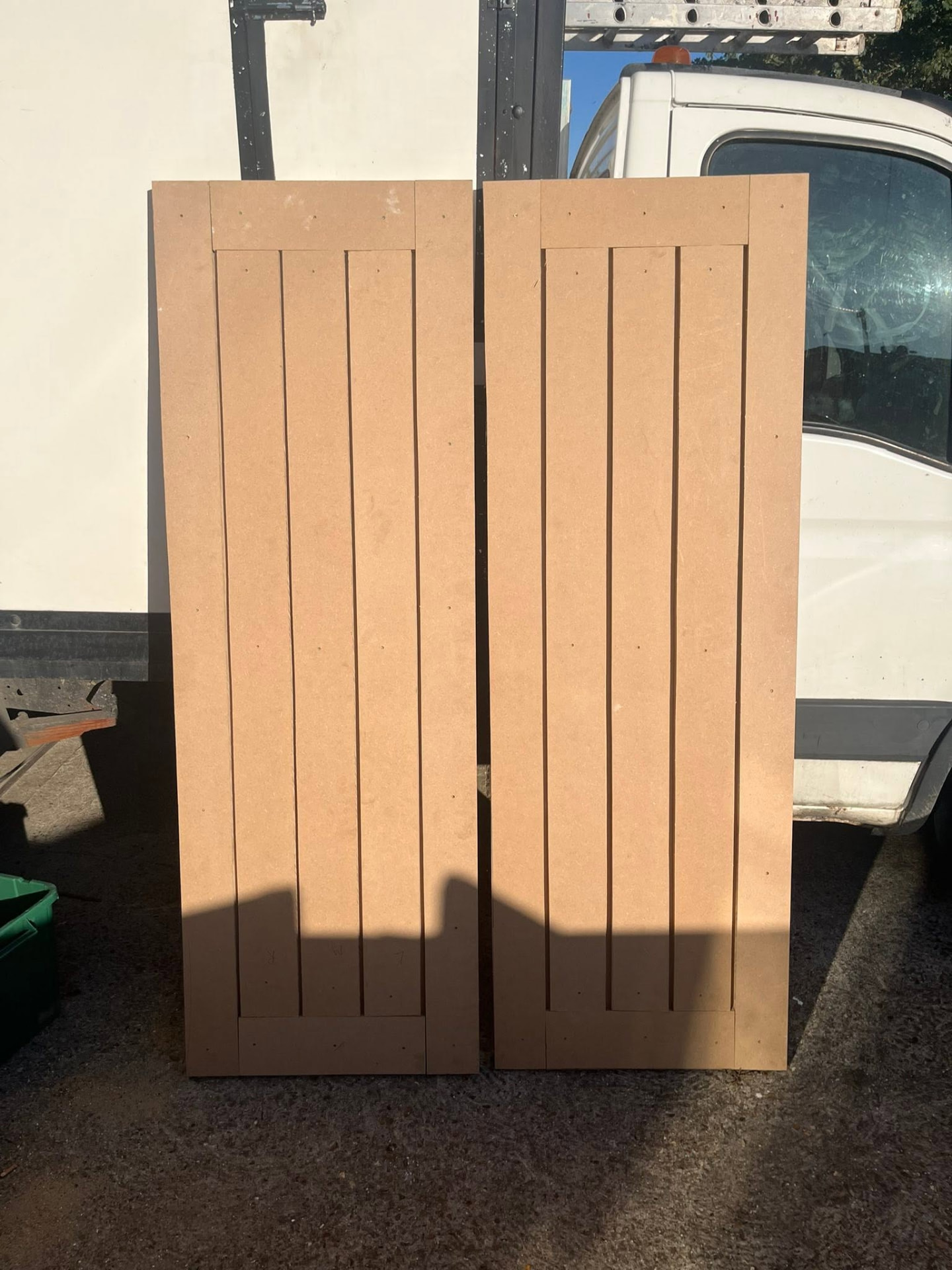 Pair of completed MDF panel wardrobe doors before painting