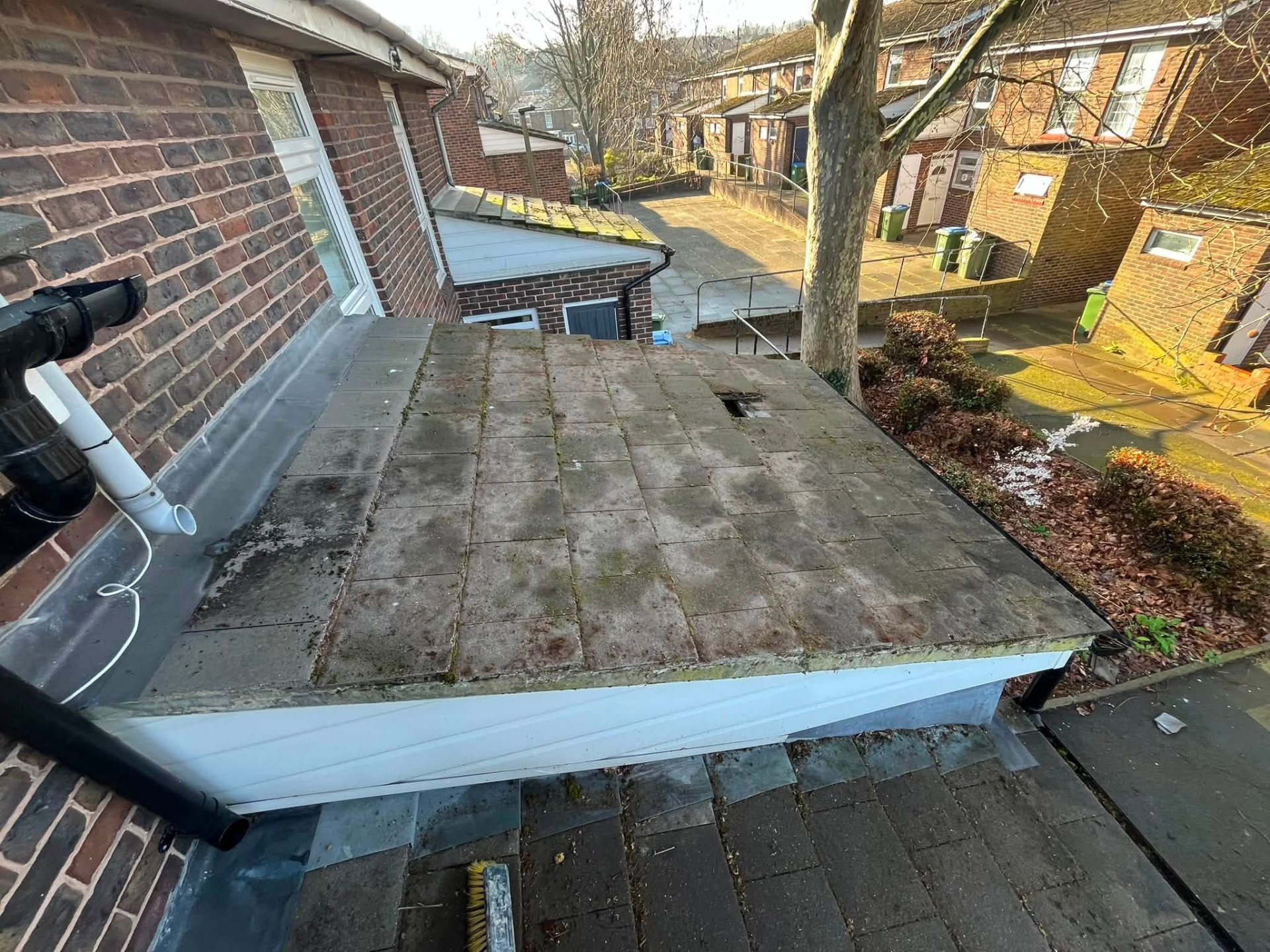 Roof section cleared of moss with damaged tile opened up