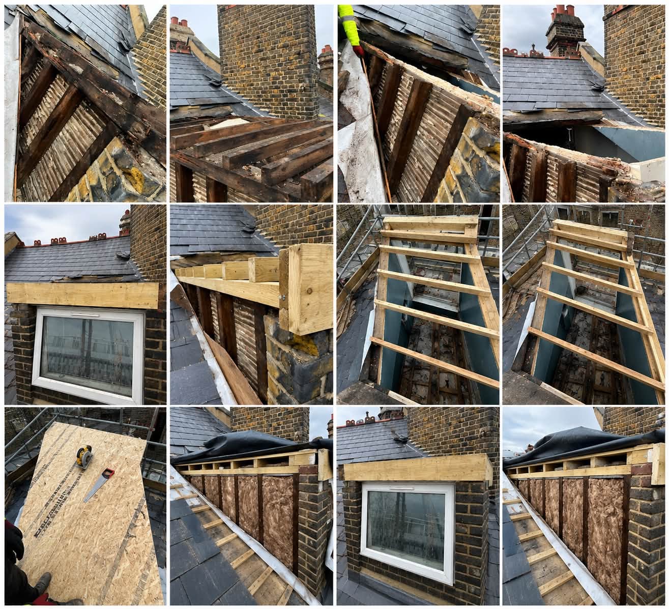 Rotten roof timbers cut out and replaced with new treated timber framing