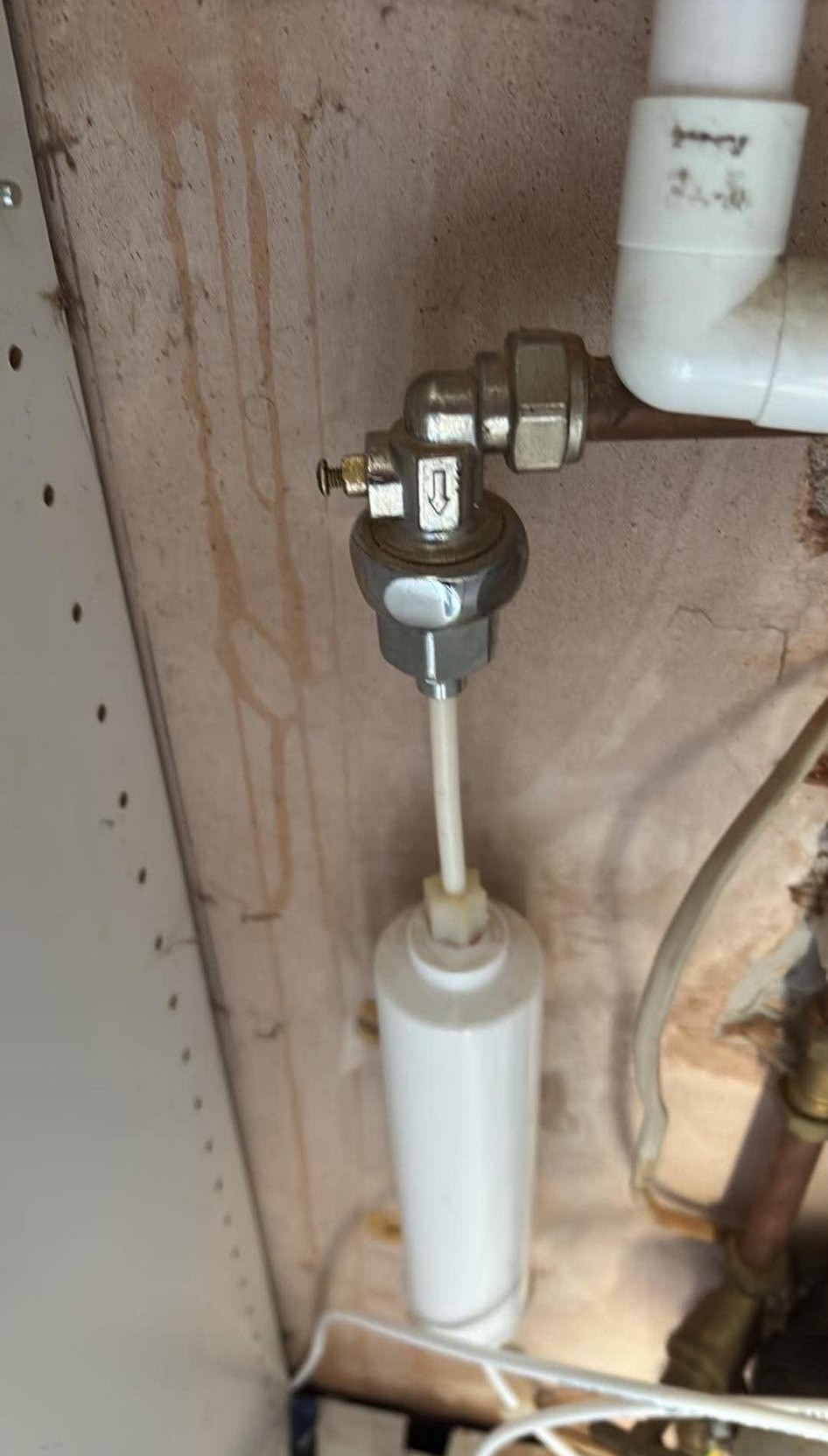 Newly installed inline plumbing filter and isolation valve after an evening emergency callout